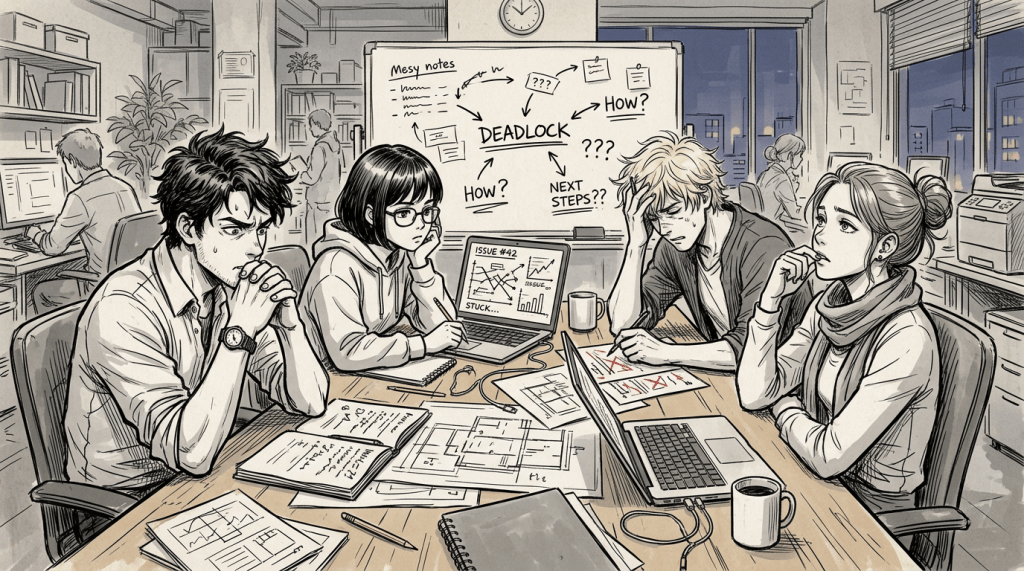 Four coworkers discuss a stalled project around a cluttered office table