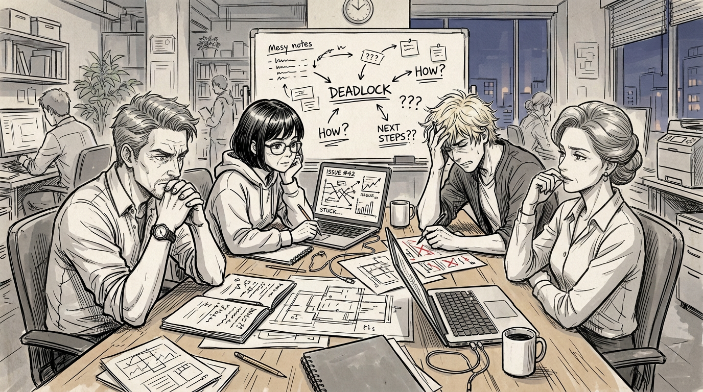 Four coworkers discuss a stalled project around a cluttered office table