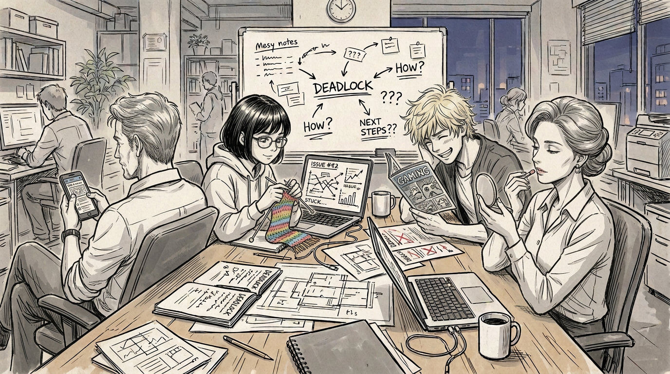 Four coworkers discuss a stalled project around a cluttered office table